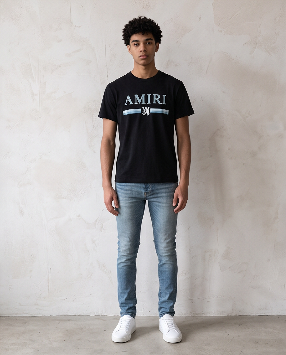 Camiseta Amiri Logo Bar Azul Negra Hombre - Manga Corta Algodón