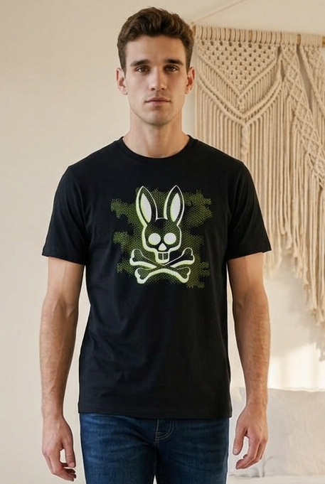 Camiseta Psycho Bunny Logo Camuflaje Militar Negra Hombre - Manga Corta Algodón
