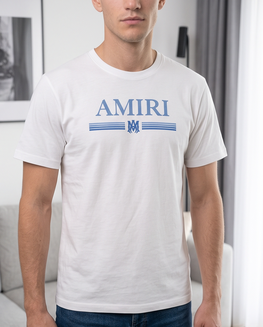 Camiseta Amiri Logo Bar Azul Blanca Hombre - Manga Corta Algodón