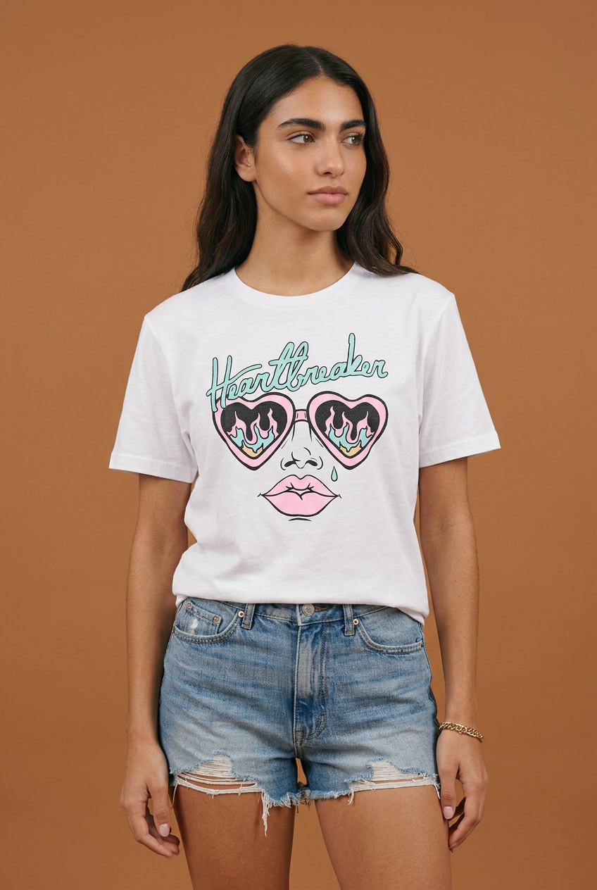Camiseta Heartbreaker Gafas Corazón Llamas Pastel Blanca Mujer - Manga Corta Tela Fría