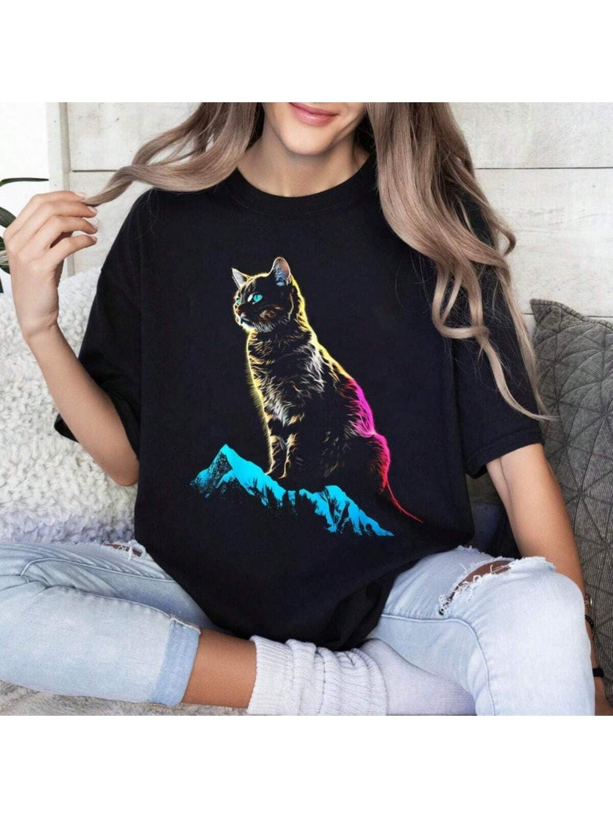CAMISETA LARGA MUJER - GATO COLORS