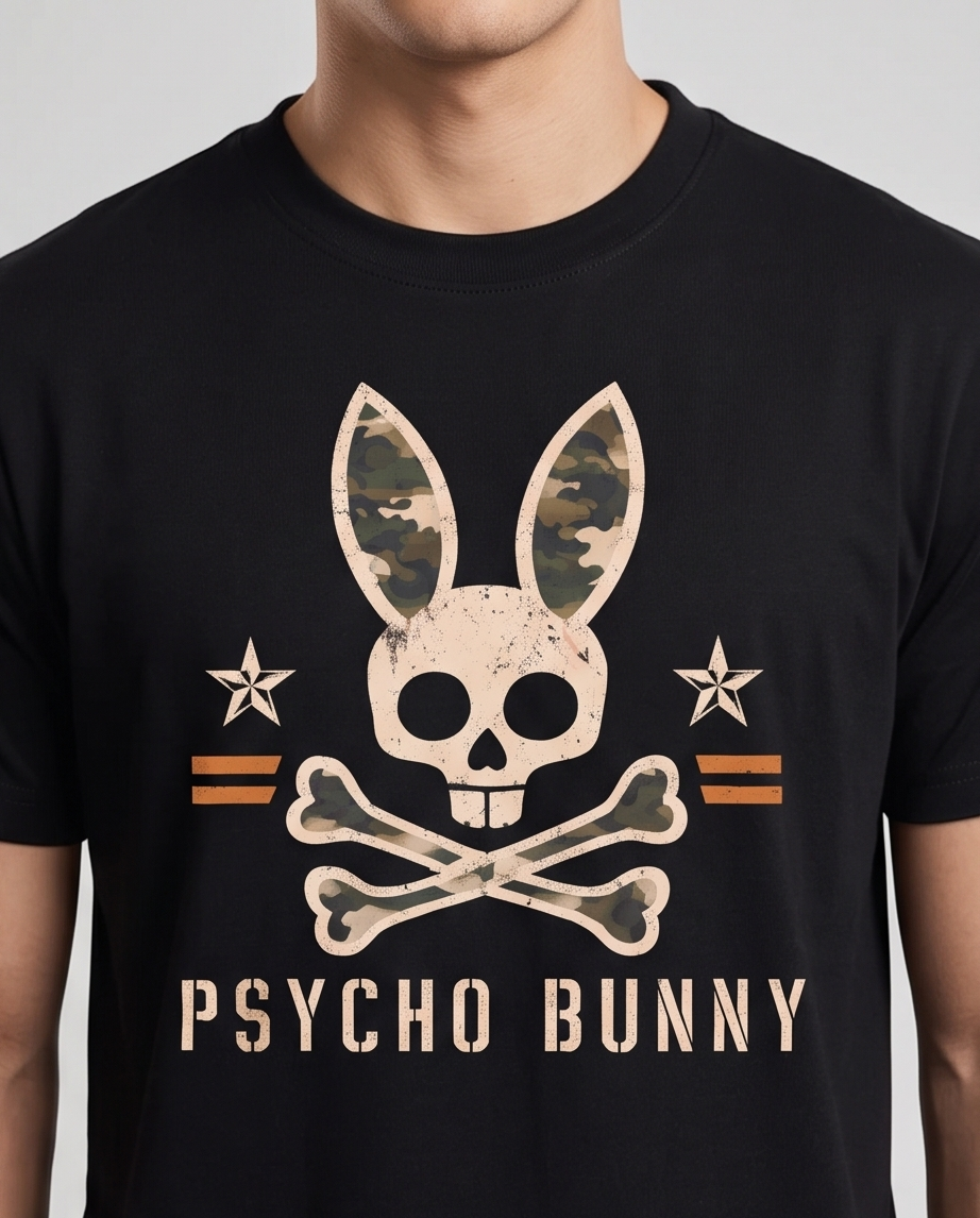 Camiseta Hombre Psycho Bunny Estrellas Camufladas Negra Regular Fit