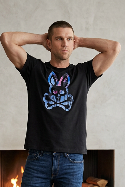 Camiseta Psycho Bunny Logo Azul Metalico Negra Hombre - Manga Corta Algodón
