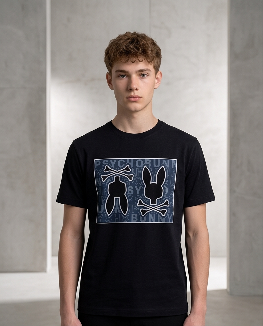Camiseta Psycho Bunny Double Skull Panel Azul Marino Negro Hombre - Manga Corta