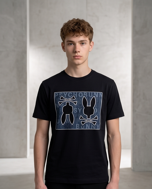 Camiseta Psycho Bunny Double Skull Panel Azul Marino Negro Hombre - Manga Corta