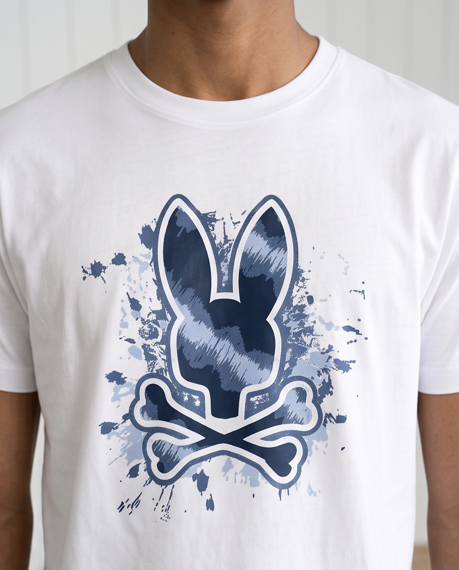 Camiseta Psycho Bunny Logo Splash Azul Marino Blanca Hombre - Manga Corta Algodón