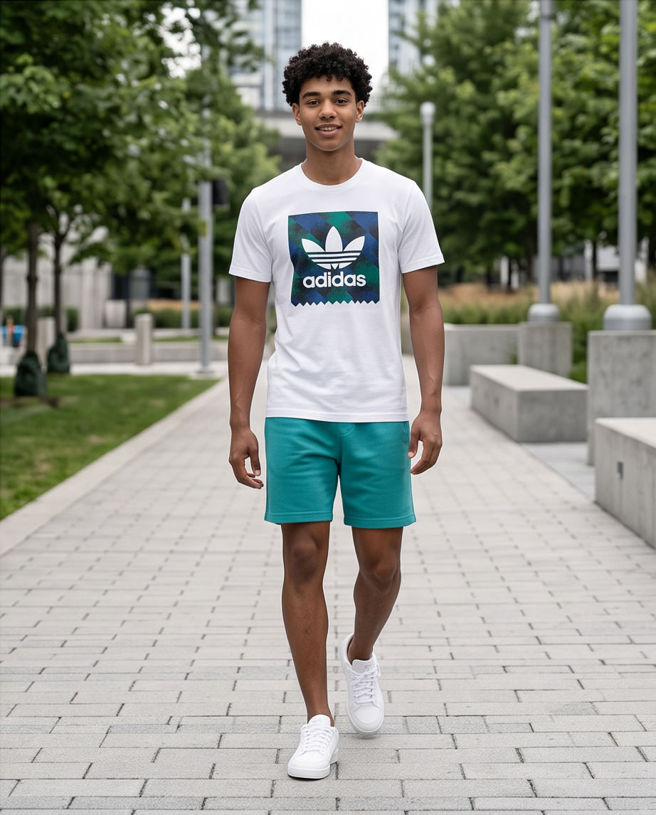 Camiseta Adidas Trebol Recuadro Tropical Verde Blanca Hombre - Manga Corta Algodón