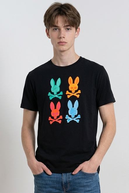 Camiseta Psycho Bunny Cuatro Logos Multicolor Negra Hombre - Manga Corta Algodón