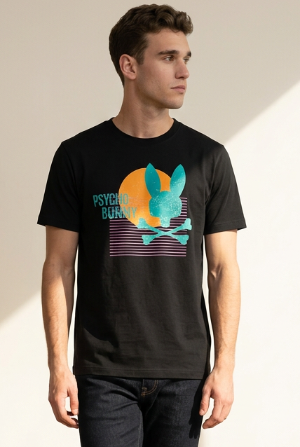 Camiseta Psycho Bunny Logo Retro Sunset Negra Hombre - Manga Corta Algodón