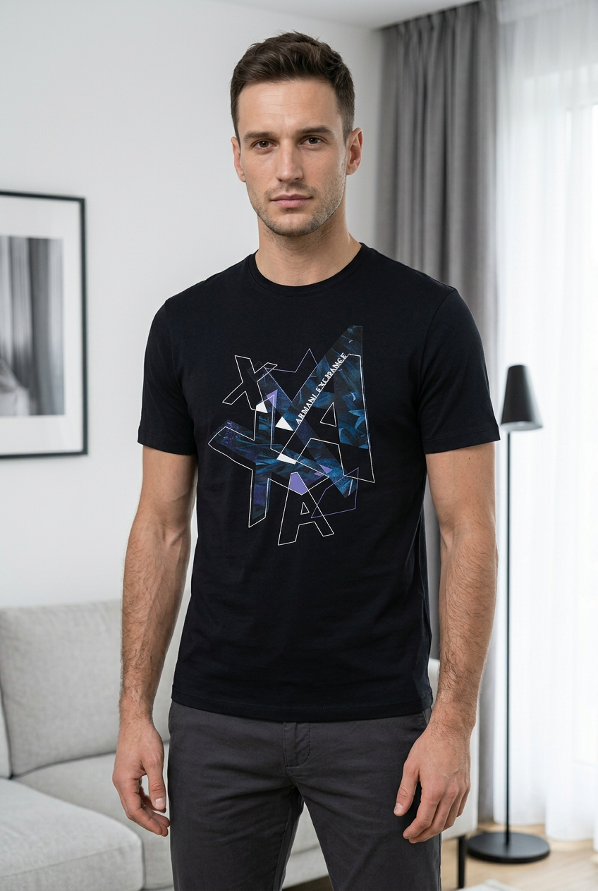 Camiseta Armani Exchange Logo AX Cristal Abstracto Negra Hombre - Manga Corta Algodón