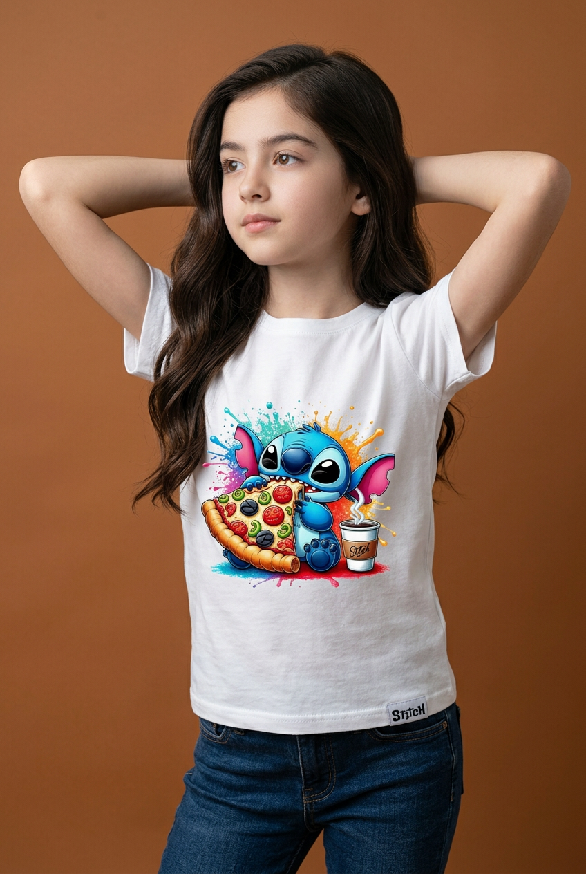Camiseta Stitch Pizza Splash Multicolor Blanca Niña - Manga Corta Algodón Infantil