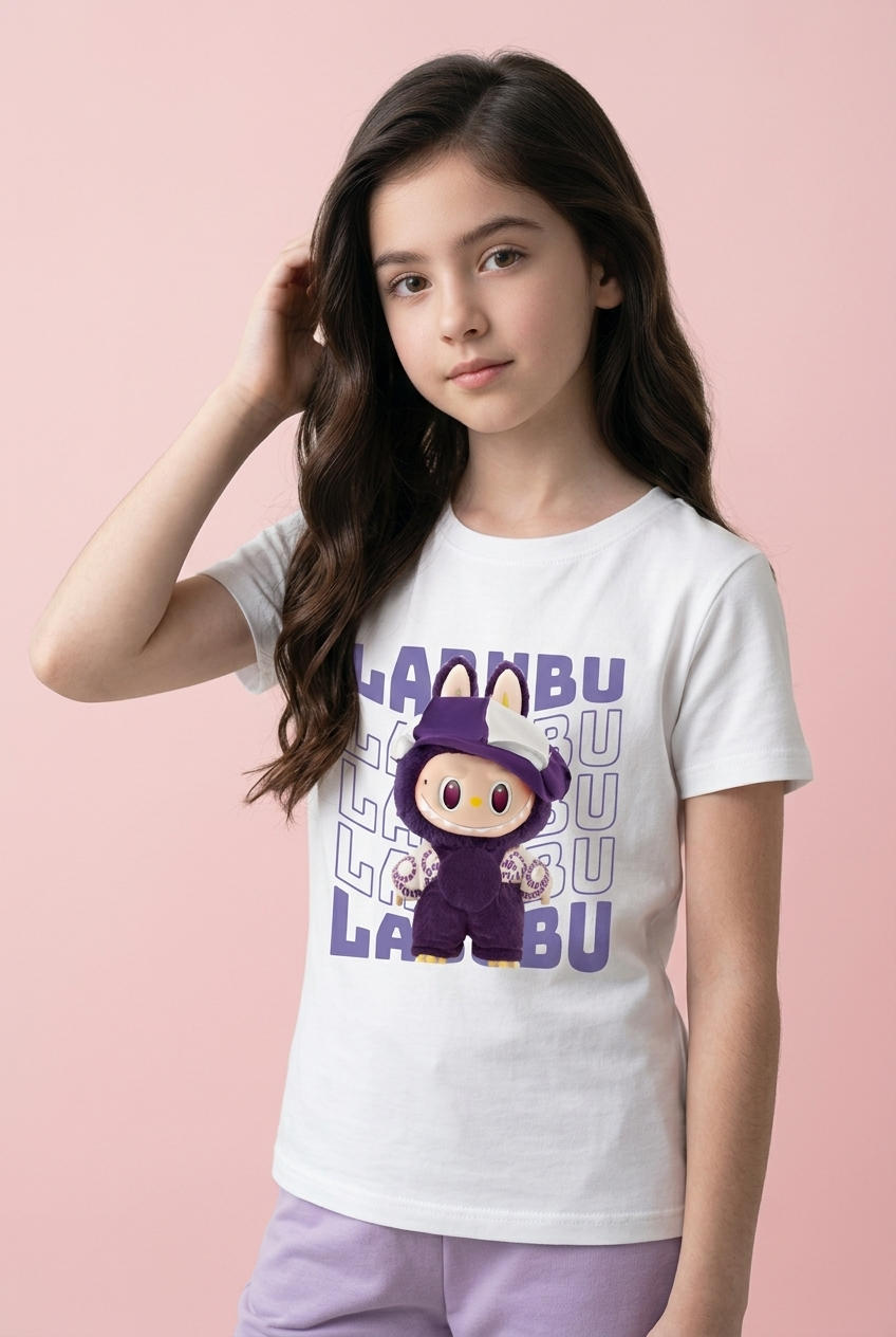 Camiseta Labubu Mago Morado Tipografia Blanca Niña - Manga Corta Algodón Infantil