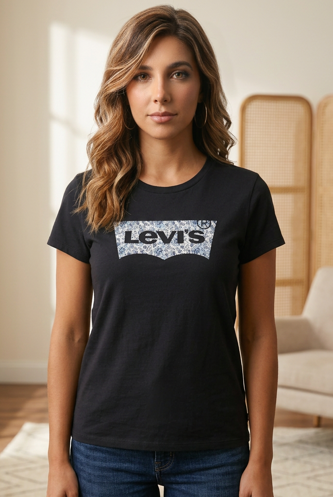 Camiseta Levi's Logo Batwing Paisley Azul Negra Mujer - Manga Corta Tela Fría