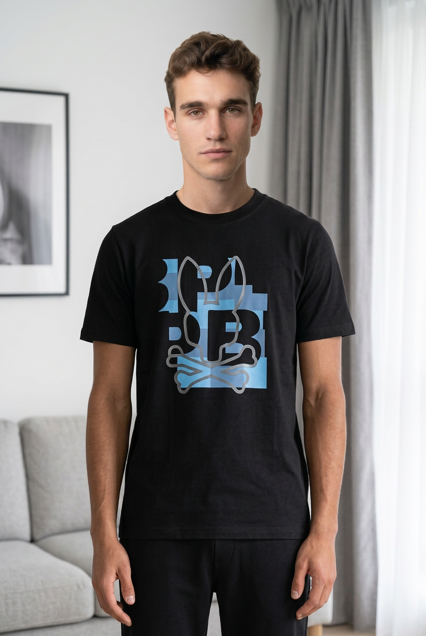 Camiseta Psycho Bunny Logo Geometrico Azul Negra Hombre - Manga Corta Algodón