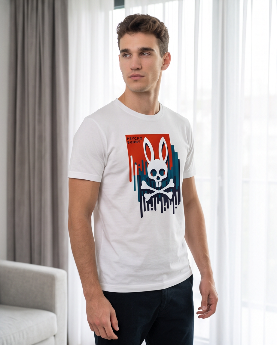 Camiseta Psycho Bunny Logo Drip Graffiti Blanca Hombre - Manga Corta Algodón
