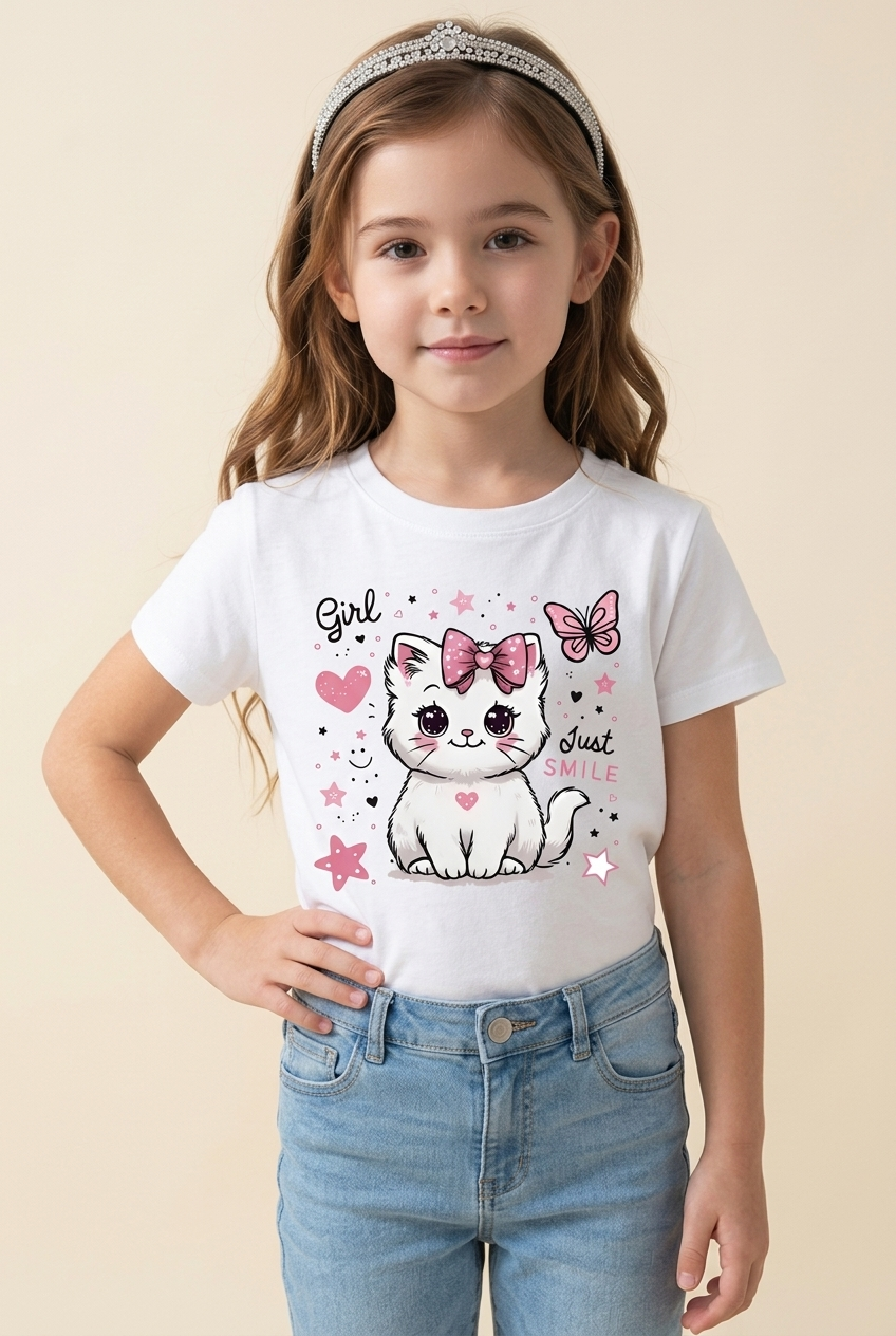Camiseta Girl Just Smile Gatita Lazón Rosa Blanca Niña - Manga Corta Algodón Infantil