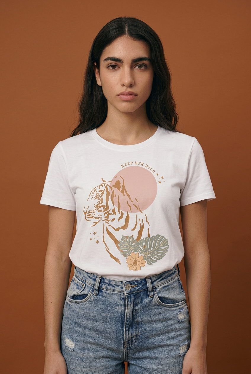 Camiseta Keep Her Wild Tigre Boho Sol Rosa Blanca Mujer - Manga Corta Tela Fría