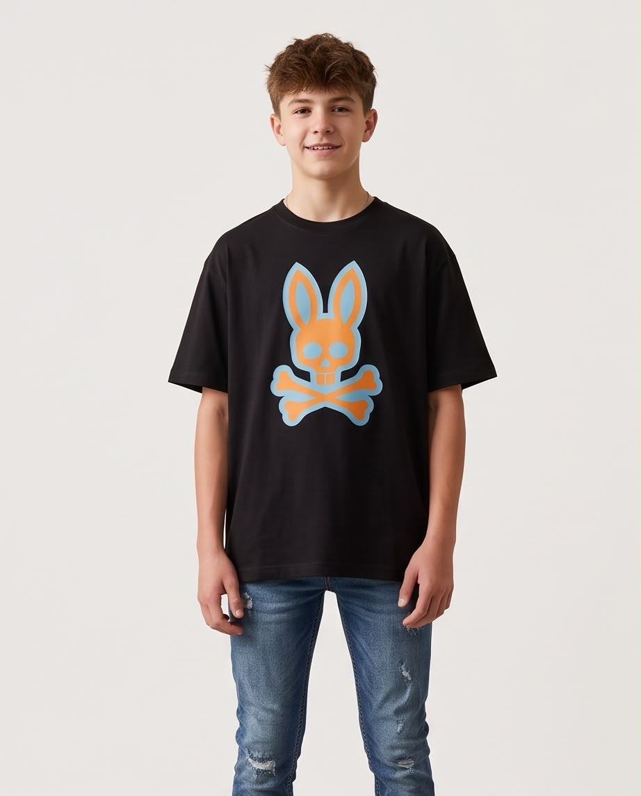 Camiseta Psycho Bunny Logo Naranja Azul Cielo Negra - Niños Oversize
