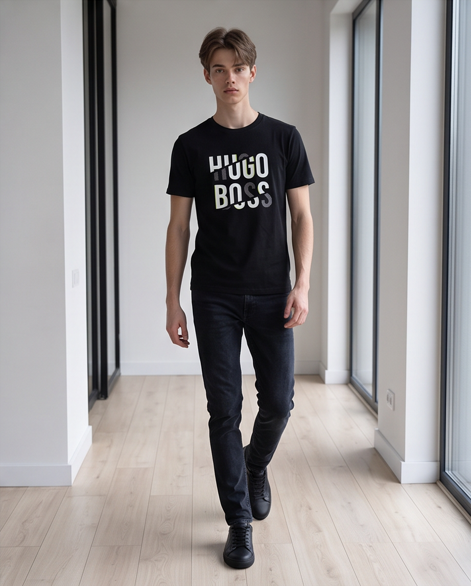 Camiseta Hugo Boss Logo Texturado Verde Lima Negra Hombre - Manga Corta Algodón