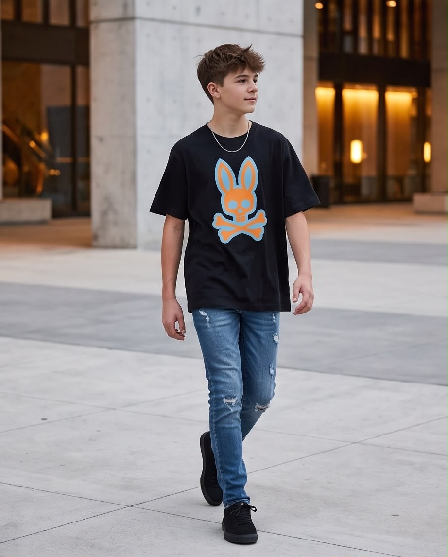 Camiseta Psycho Bunny Logo Naranja Azul Cielo Negra - Niños Oversize
