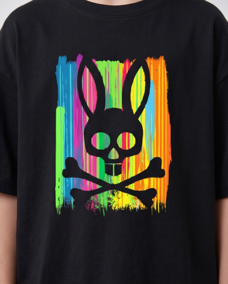 Camiseta Psycho Bunny Rayas Neon Multicolor Negra - Niños Oversize
