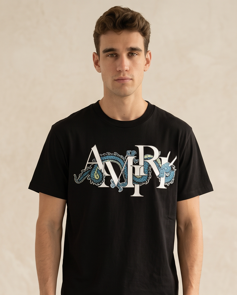 Camiseta Amiri Logo Dragon Azul Negra Hombre - Manga Corta Algodón
