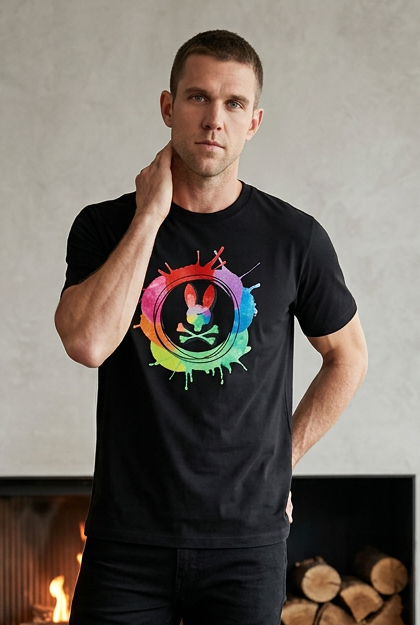 Camiseta Psycho Bunny Logo Multicolor Splash Negra Hombre - Manga Corta Algodón
