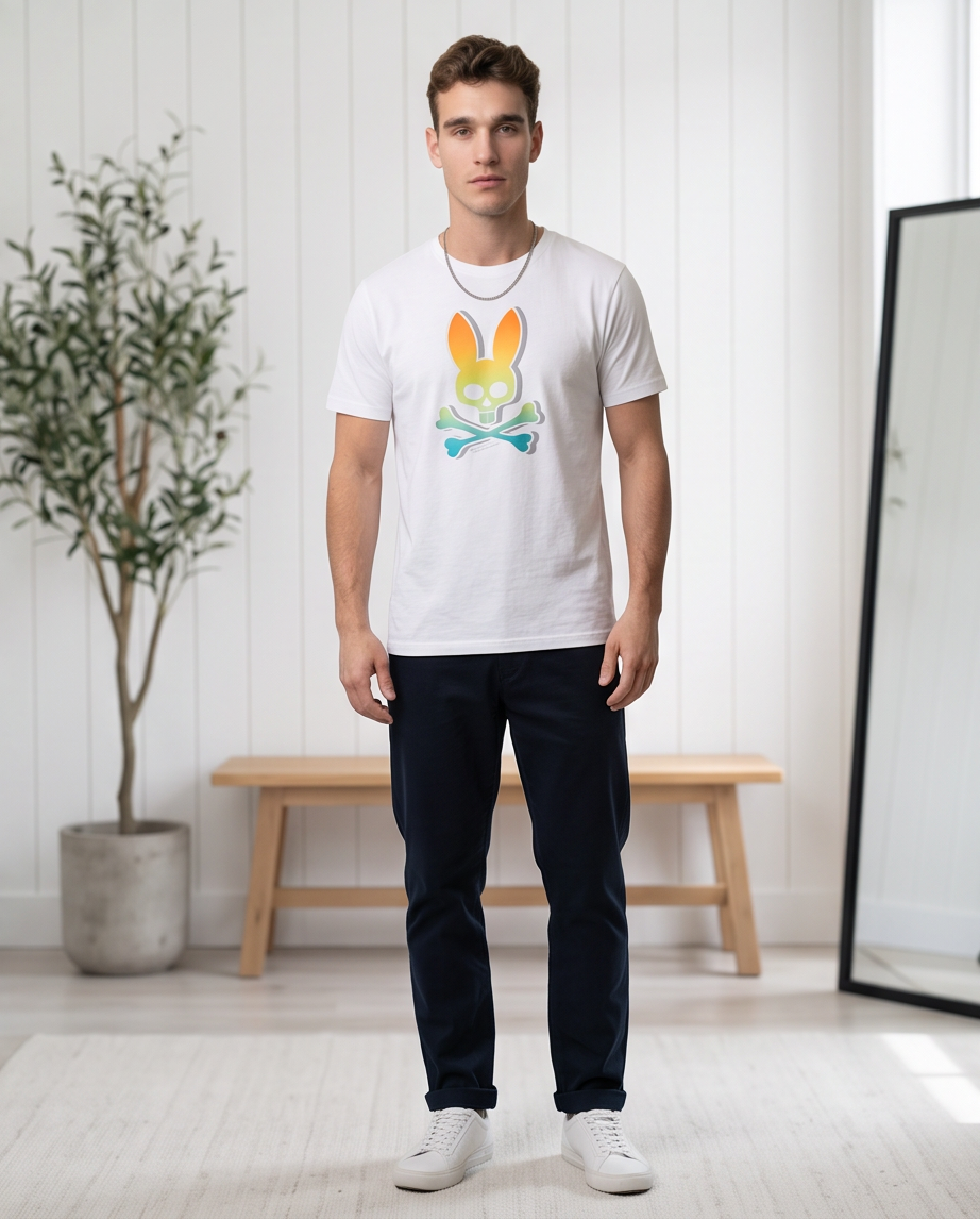 Camiseta Psycho Bunny Logo Degradado Naranja Turquesa Blanca Hombre - Manga Corta Algodón
