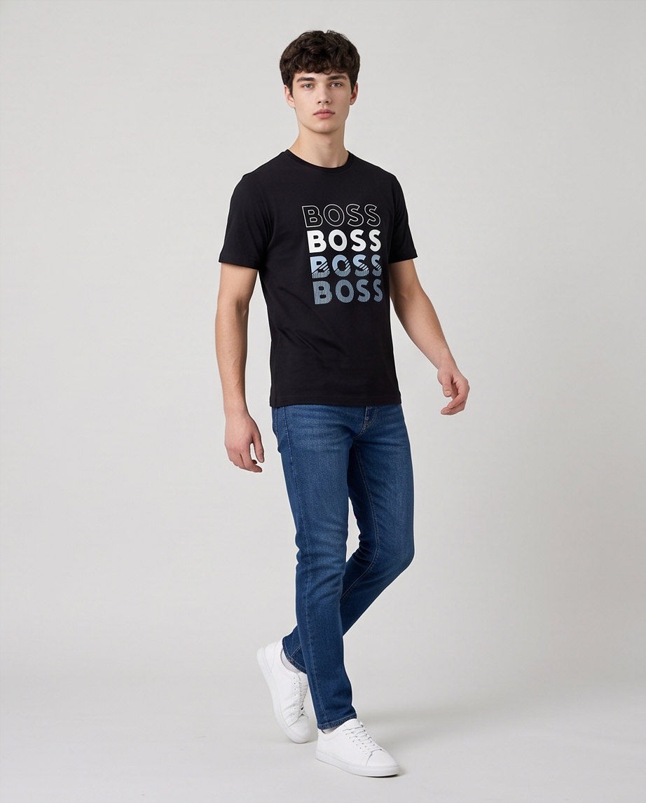 Camiseta Hugo Boss Logo Repetido Degradado Negra Hombre - Manga Corta Algodón