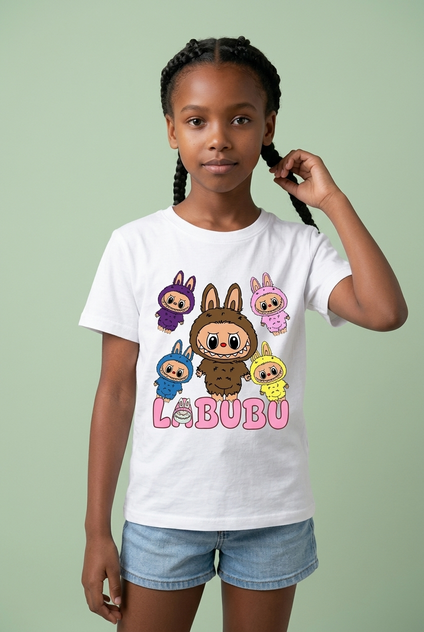 Camiseta Labubu Familia Colores Blanca Niña - Manga Corta Algodón Infantil