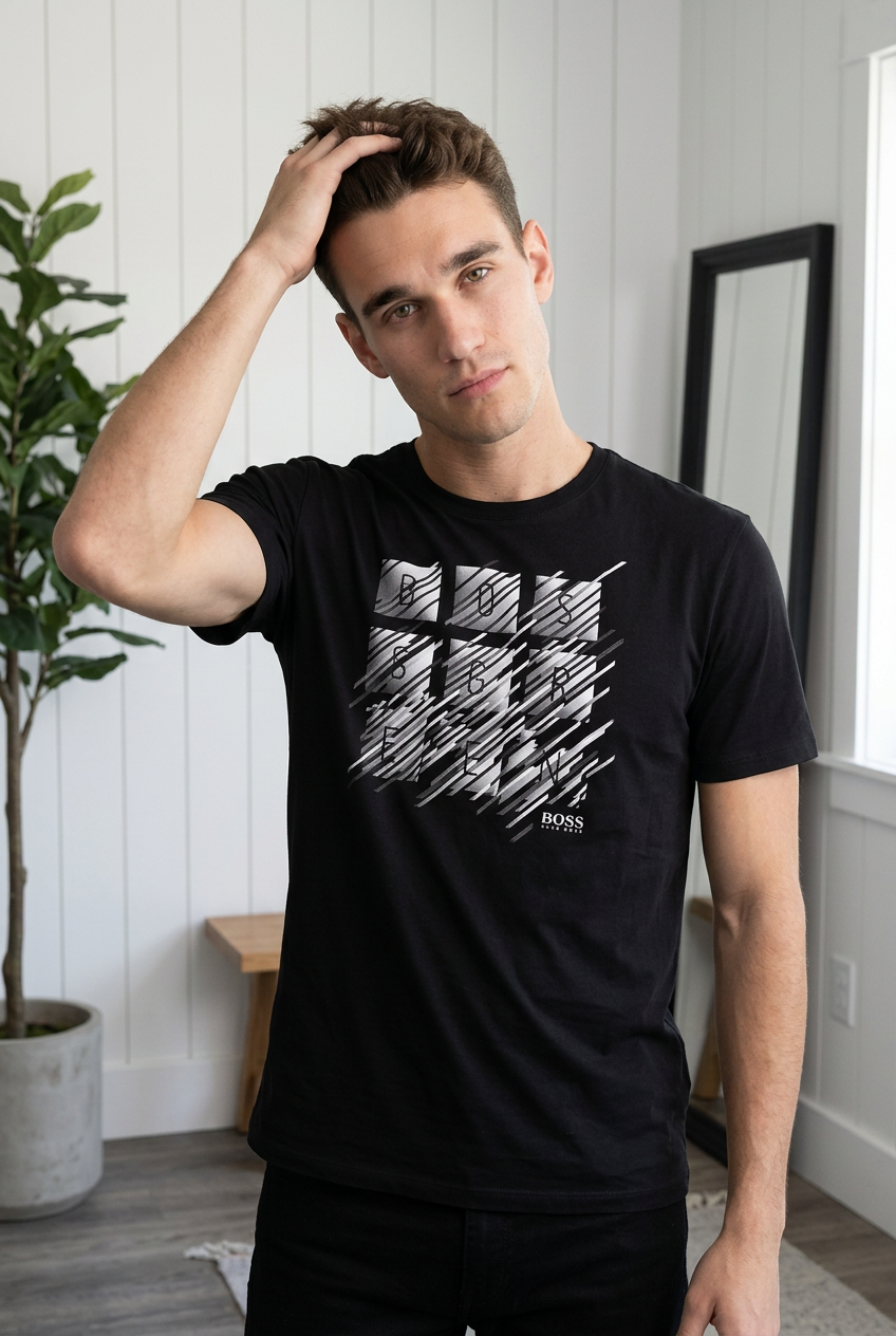 Camiseta Hugo Boss Grafico Trazos Diagonales Negra Hombre - Manga Corta Algodón