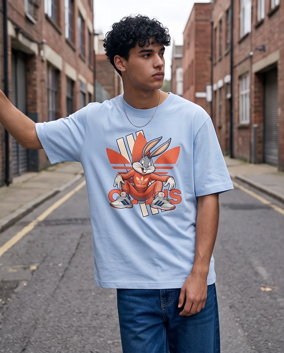 Camiseta Bugs Bunny Adidas Naranja Azul Claro Hombre - Manga Corta Oversize