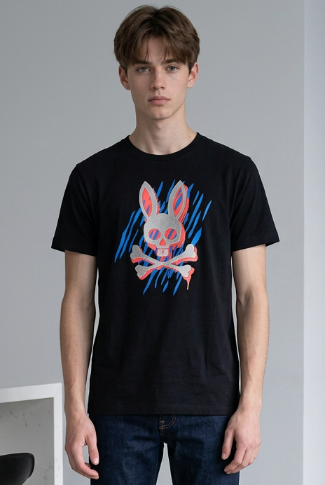 Camiseta Psycho Bunny Logo Trazos Azules Negra Hombre - Manga Corta Algodón