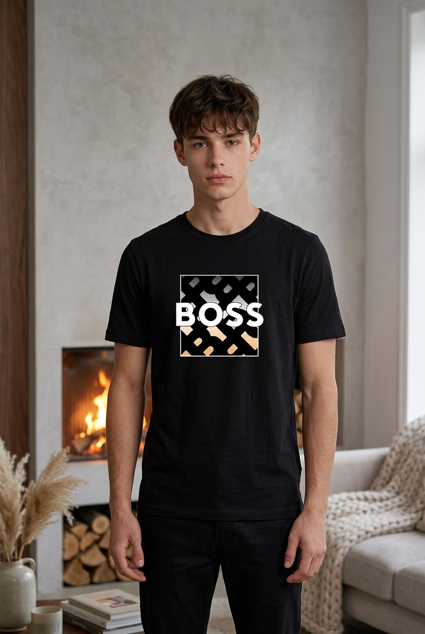 Camiseta Hugo Boss Logo Recuadro Geometrico Negra Hombre - Manga Corta Algodón