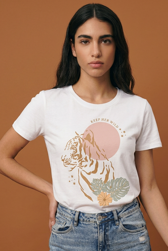 Camiseta Keep Her Wild Tigre Boho Sol Rosa Blanca Mujer - Manga Corta Tela Fría