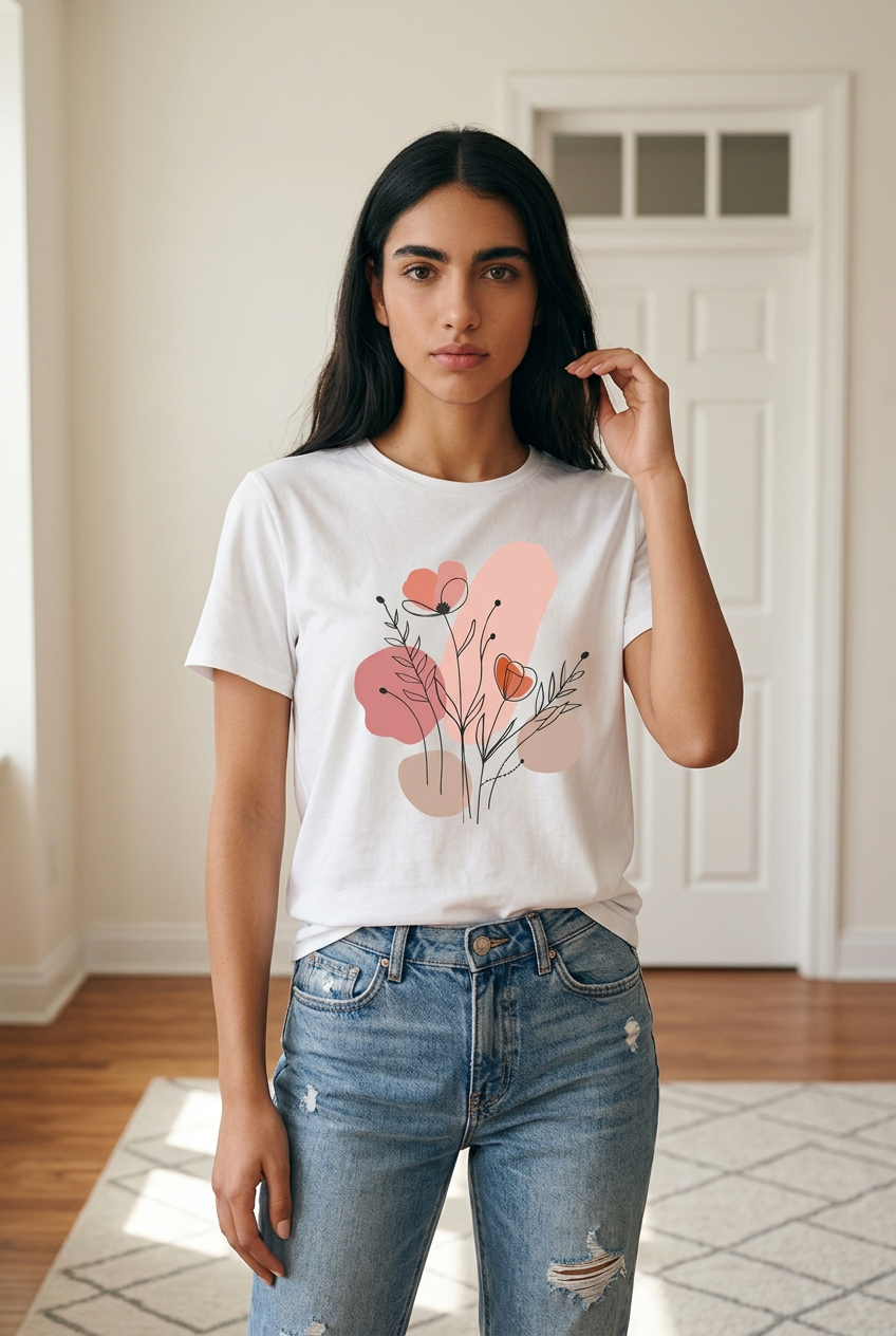 Camiseta Flores Silvestres Line Art Minimalista Rosa Blanca Mujer - Manga Corta Tela Fría