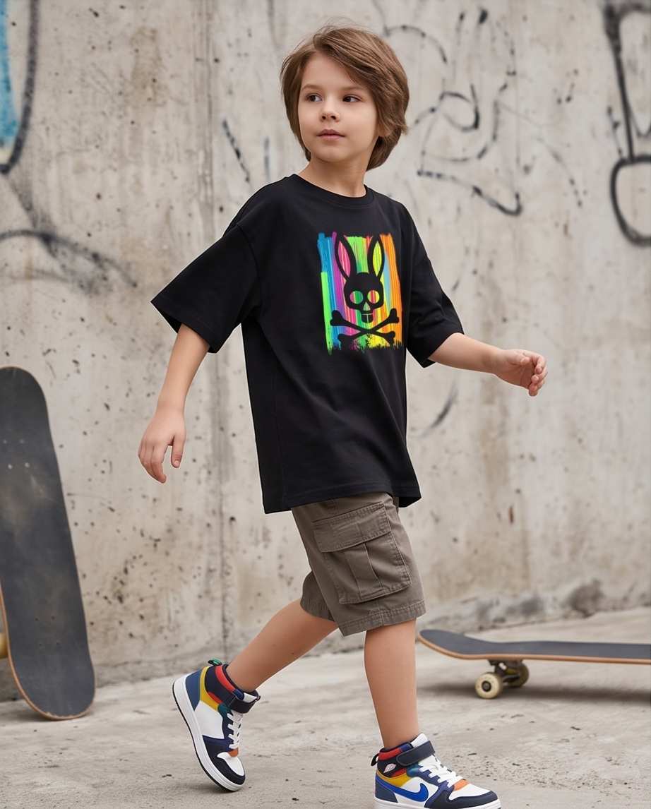 Camiseta Psycho Bunny Rayas Neon Multicolor Negra - Niños Oversize