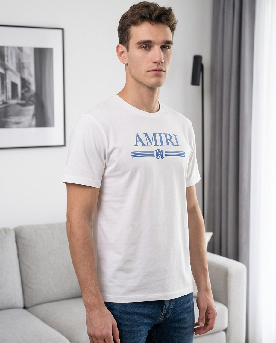 Camiseta Amiri Logo Bar Azul Blanca Hombre - Manga Corta Algodón