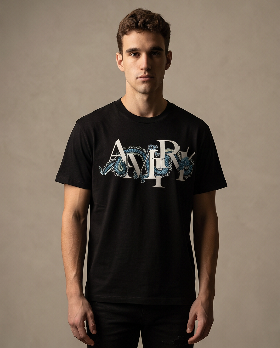 Camiseta Amiri Logo Dragon Azul Negra Hombre - Manga Corta Algodón