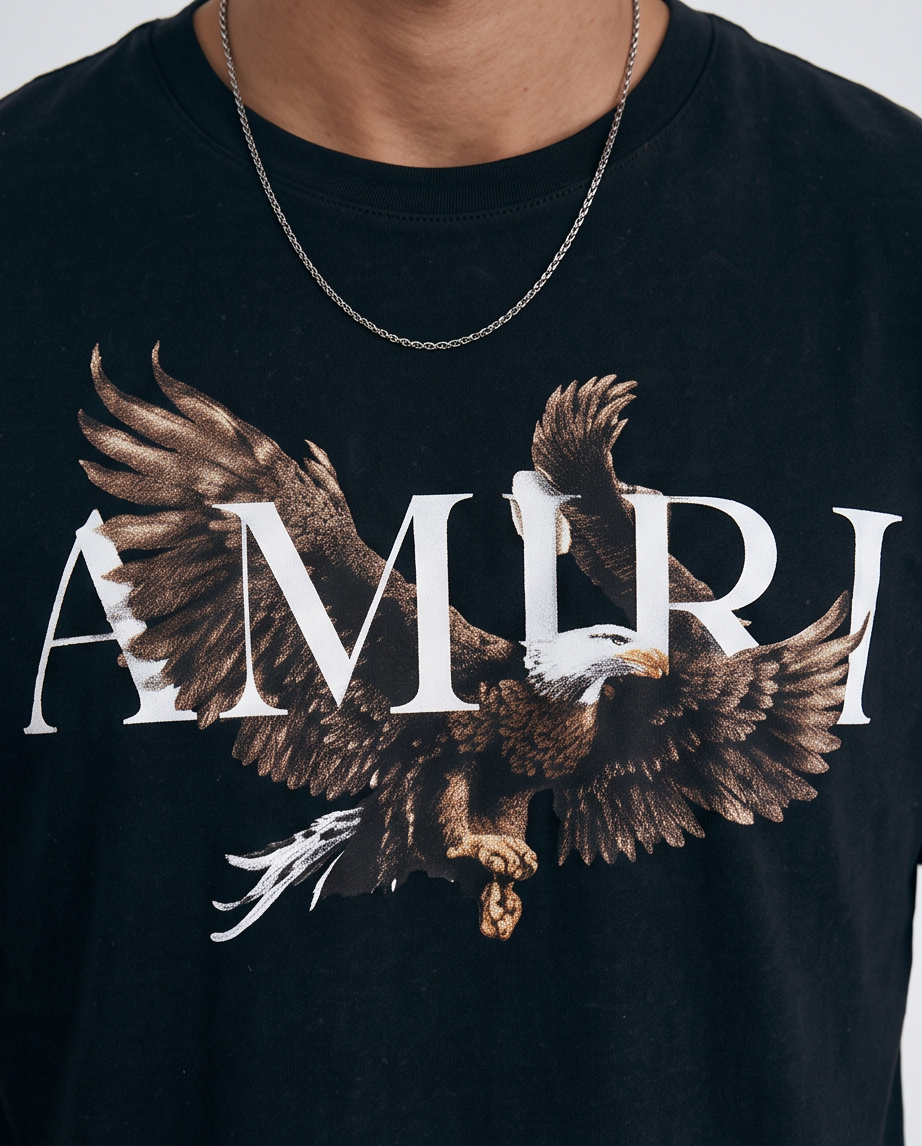 Camiseta Amiri Logo Aguila Realista Negra Hombre - Manga Corta Algodón