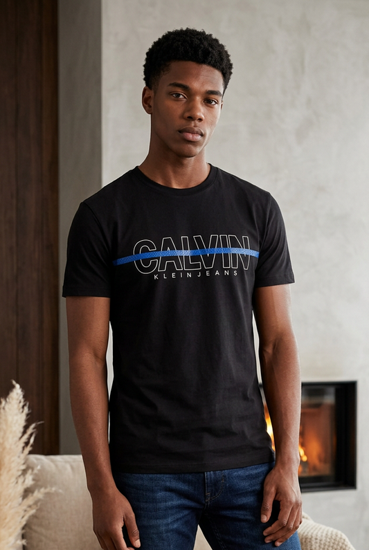 Camiseta Calvin Klein Logo Linea Azul Negra Hombre - Manga Corta Algodón