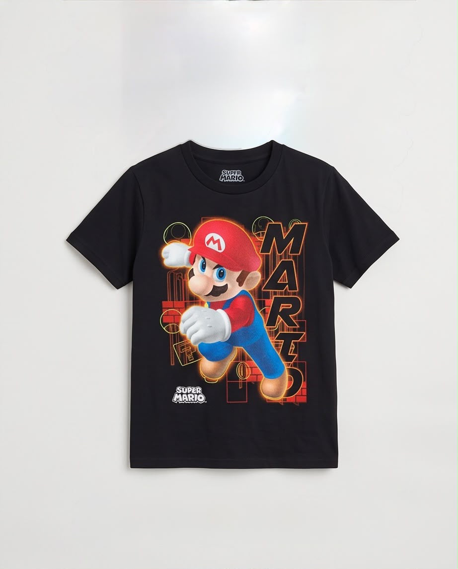 Camiseta Super Mario Salto Letras Doradas Negra - Niños Oversize