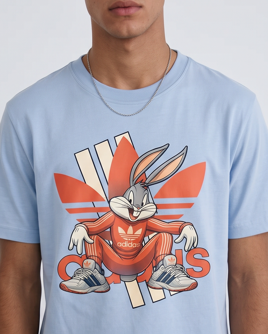 Camiseta Bugs Bunny Adidas Naranja Azul Claro Hombre - Manga Corta Oversize