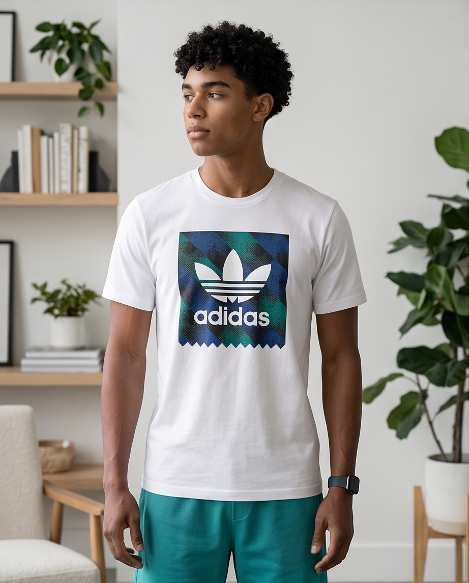 Camiseta Adidas Trebol Recuadro Tropical Verde Blanca Hombre - Manga Corta Algodón