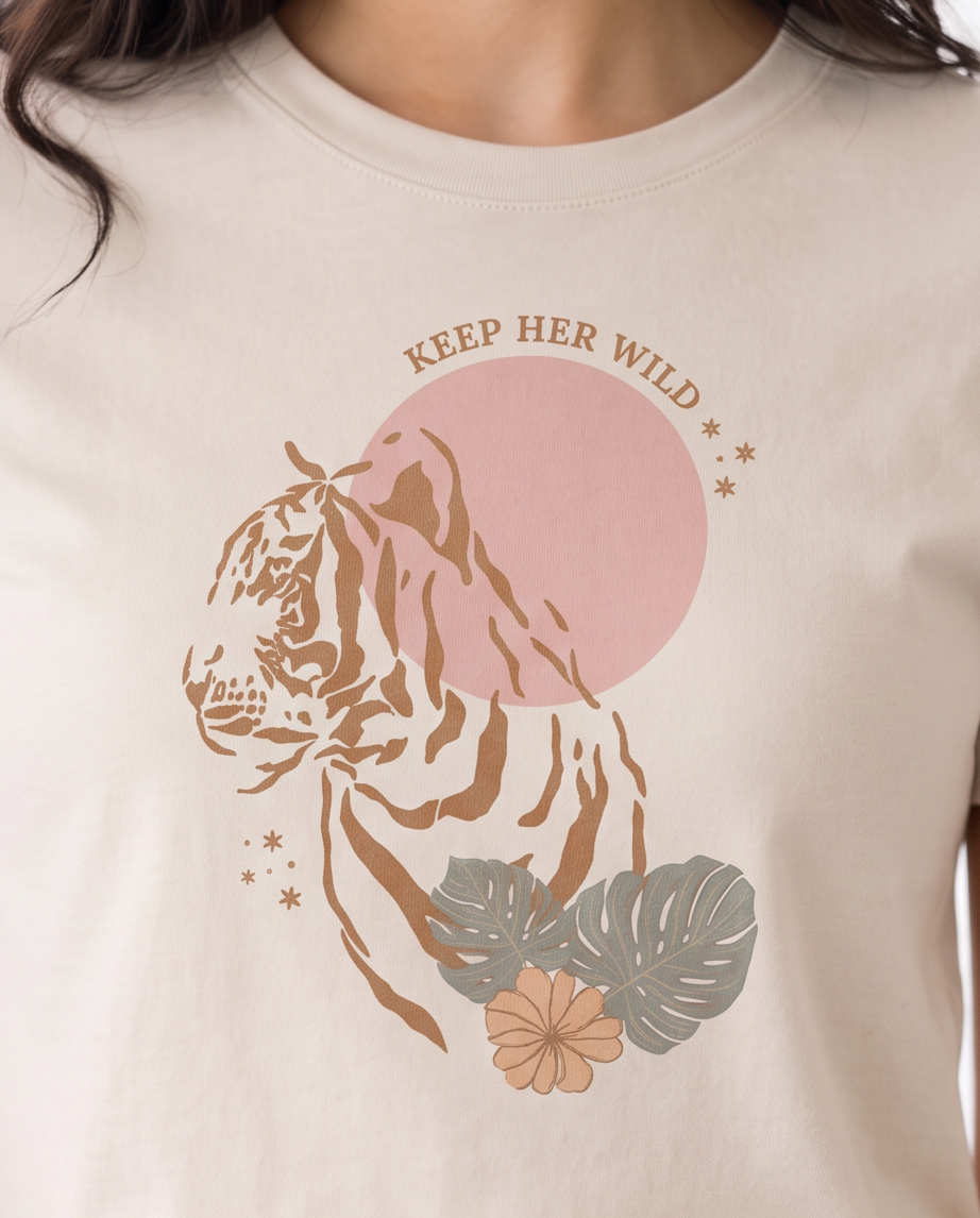 Camiseta mujer vainilla Keep Her Wild tigre luna rosa