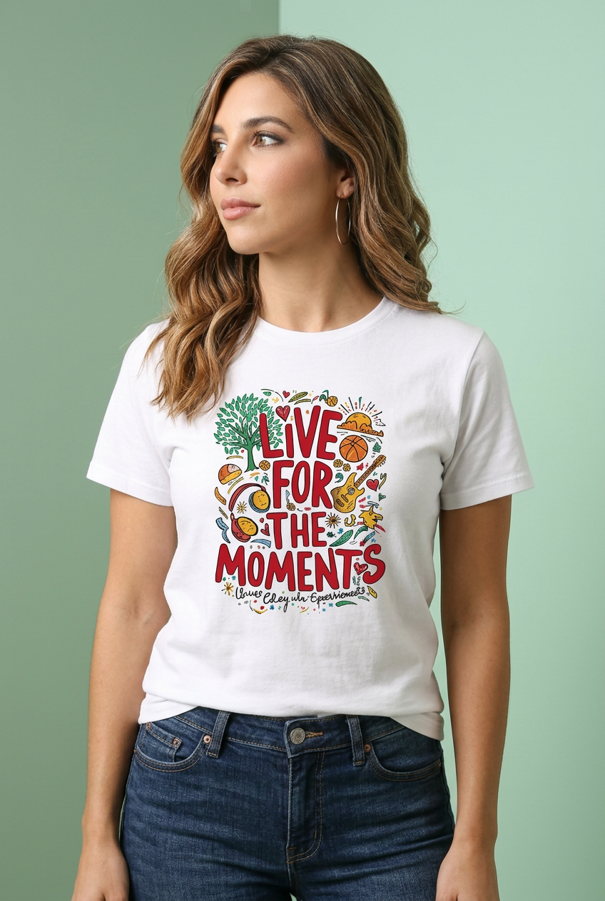 Camiseta Live For The Moments Doodle Multicolor Blanca Mujer - Manga Corta Tela Fría