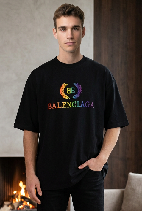 Camiseta Balenciaga Logo BB Laurel Multicolor Negra Oversize Hombre - Manga Corta Algodón