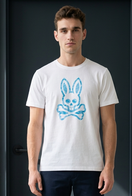 Camiseta Psycho Bunny Logo Cuadros Turquesa Blanca Hombre - Manga Corta Algodón