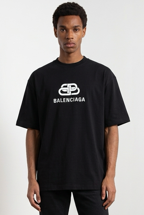 Camiseta Balenciaga Logo BB Clasico Negra Oversize Hombre - Manga Corta Algodón