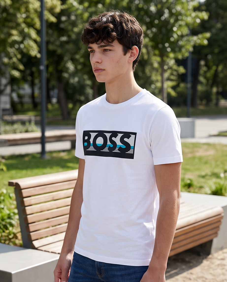 Camiseta Hugo Boss Logo Recuadro Turquesa Blanca Hombre - Manga Corta Algodón